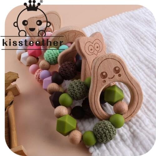 Kissteether 1pcs Baby Teether Bracelet Cute Wooden Baby Beech Toy No BPA Solid Color Infant Baby Bracelet Teething Gifts