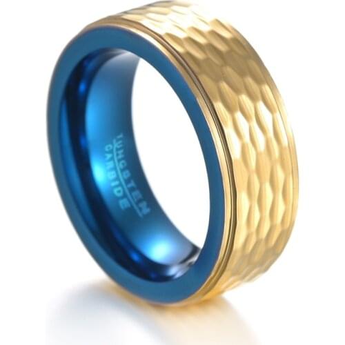 8mm Wide Tungsten Carbide Ring Gold Color Plating Surface Hammered Tungsten Steel Ring Men Engagement Rings