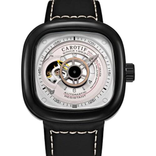 CAROTIF Luxury Brand Men Mechanical Watch Alloy Buckle Stainless Steel Watch Tourbillon Fashion Trend Square Leather Mens Watch