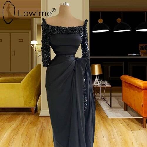 Black Boat Neck Mermaid Evening Dresses Muslim Long Sleeve Sequins Saudi Arabia Evening Gowns Robes De Soiree