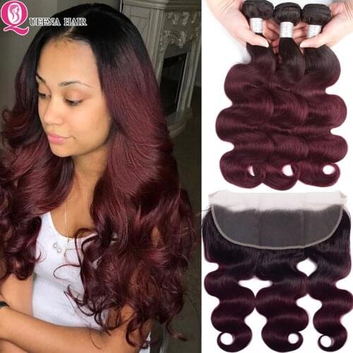 Ombre 1B 99j Burgundy 2/3/4 Bundles With Frontal Closure Colored 99 j Body Wave Raw Indian Human Hair Weave Bundles With Frontal