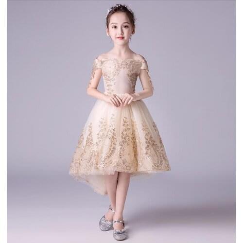 Glizt Gold Tulle Girls Pageant Dress Strapless Flower Girl Dress for Wedding Sequin Girls Party Princess First Communion Gowns