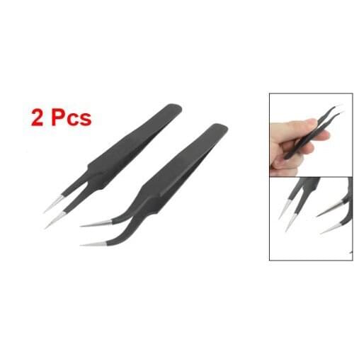 GTBL 2 Pcs 13cm Length Black Anti-static Straight Curved Tweezers