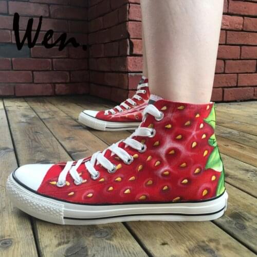 Wen Hand Painted Shoes Fruit Strawberry Design Custom Graffiti Painting Canvas Sneakers Men Women High Top Lace up Plimsolls