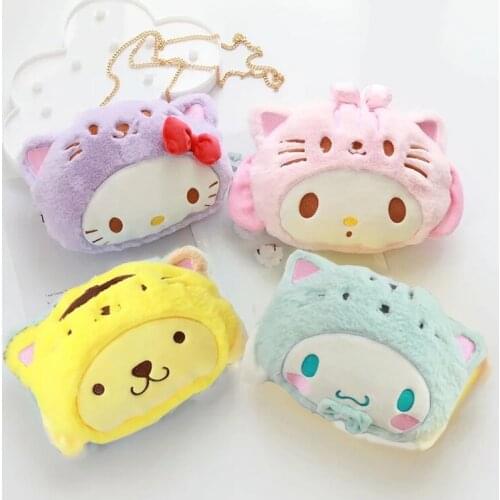 Kawaii Cartoon Anime Cinnamoroll Poms Purin Kittys Melody Plush Crossbody One-Shoulder Coin Purse Kids Toys Holiday Gifts