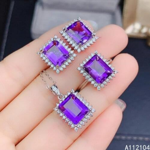 KJJEAXCMY fine jewelry 925 sterling silver inlaid natural Amethyst women classic simple square gem earrings ring pendant suit su