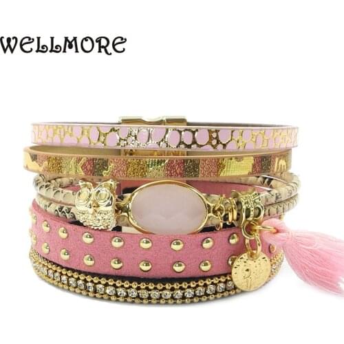WELLMORE leather bracelets, owl, glass, tassell,Bohemian bracelets for women jewelry wholesale dropshipping