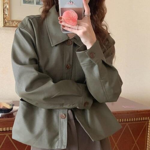Vintage Women Army Green Short Faux Leather Coat Autumn 2021 Korean Pocket Loose Casual Long Sleeve Female Moto Biker Jacket