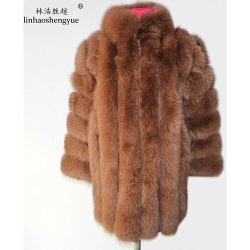 Linhaoshengyue Real for Fur Long Coat with Stand Collar Women Fox Fur Coat
