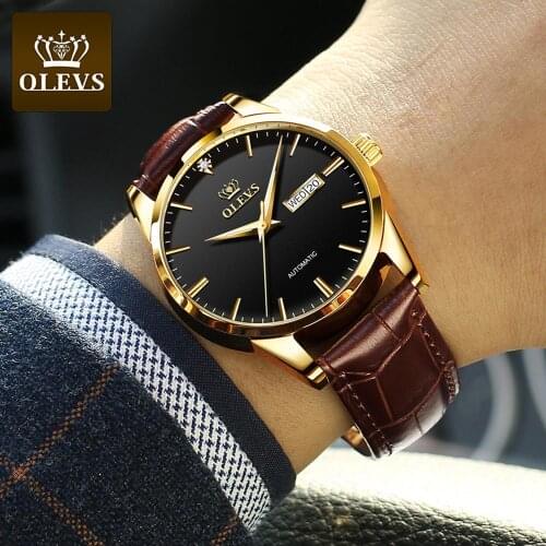 OLEVS New Mens Watches Classic Mechanical Leather Watch Men Luxury Men Automatic Watches Business Waterproof Clock Man 6629