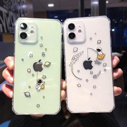Side Cartoon Fishing Astronaut Clear Phone Case For iPhone 11 12 Pro Max XR XS Max X 7 8 Plus Soft Bumper Shockproof Cover Coque