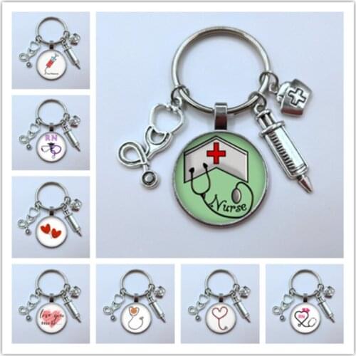New Creative Hospital Doctor Stethoscope Syringe Keychain Alloy Pendant Convex Round Glass Pendant Key Chain Special Keychain