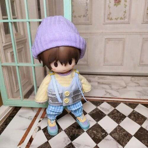 OB11 doll clothes are suitable for 1/12 size fashion new striped top + jacket waistcoat + checked cargo pants baggy pants + hat