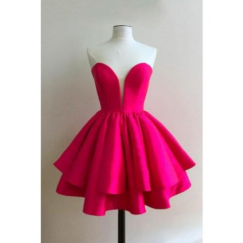 Elegant Short A-Line V-Neck Rose Red Homecoming Dresses Satin Knee Length Corset Back Graduation Dresses for Juniors
