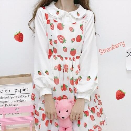 Japanese sweet lolita dress strawberry printing polo collar high waist loose victorian dress kawaii girl gothic lolita op loli