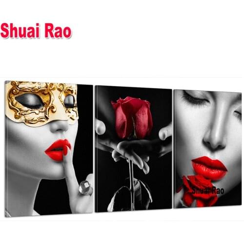 Full Square round Diamond Painting Sexy Red Rose Lady, Portrait Mosaic Diamond Needlework Diamond Embroidery triptych Home Art