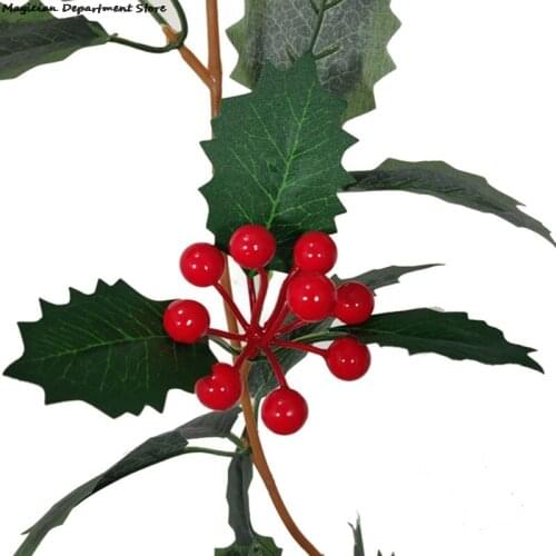 Christmas Holly Leaf Red Berry Garland Christmas Decoration Home Artificial Plant Vine Christmas Wreath Decor Xmas Crafts Rattan
