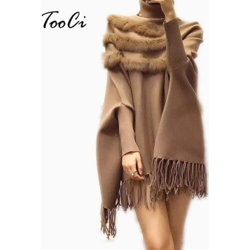 Women Real Rabbit Fur Cloak Pullover Coat New Arrival Fashion Spring Lady High Collar Bat Sleeves Tassel Poncho Sweater Coat