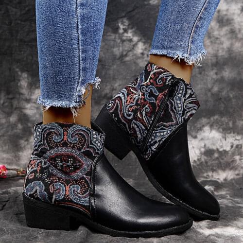 Women Ankle Boots Chaussure Mid Heels Booties Plus Size Gladiator Paisley Ethic Leather Boots Woman Shoes Zapatos Mujer Sapato