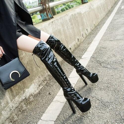 Oversized Ultra-High Thick-Heeled Patent Leather Womens Over-The-Knee Boots Waterproof Platform Flock Long-Tube Elastic Boots