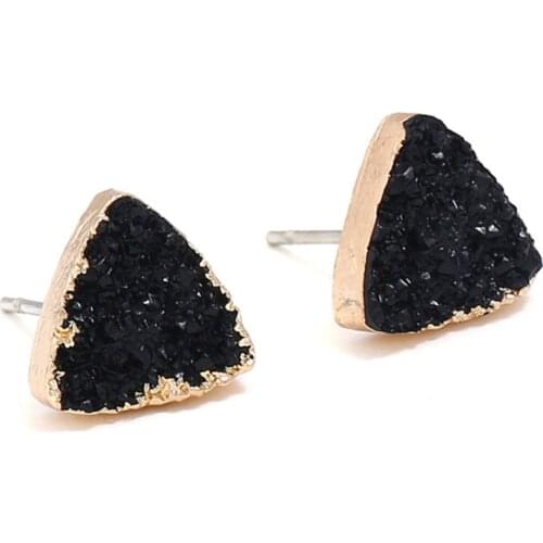 Unique Design Broncos Resin Quartz Crystal Stud Earrings For Women Gold Color Triangle and Round 3 Color Stone Black Earring