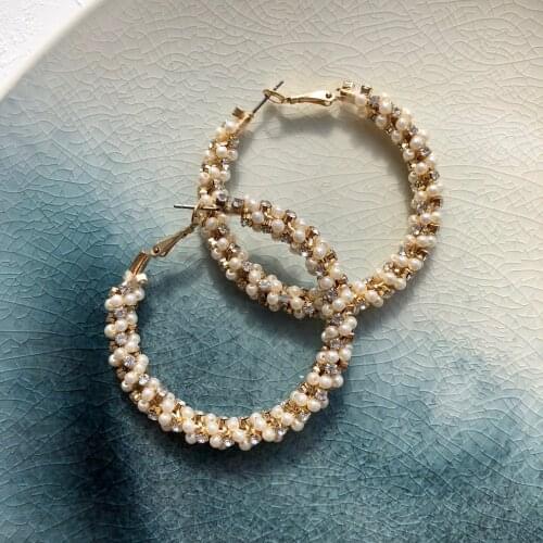 2019 F/W Luxury Fully handmade Elegance Female Jewelry pearl with stone Wrapping Hoop earrings for women