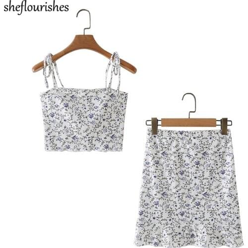 Sexy crop top summer floral tops women 2021 kawaii two piece set women high waist skirt ruffle mini skirt white outfits women