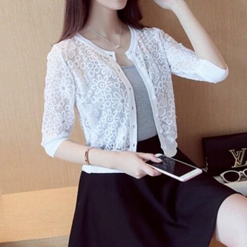 Embroidery Mesh Crochet Lace Embellished Cape Three Quarter Sleeve O-neck Women Cardigan Short Femme Bolero Coat