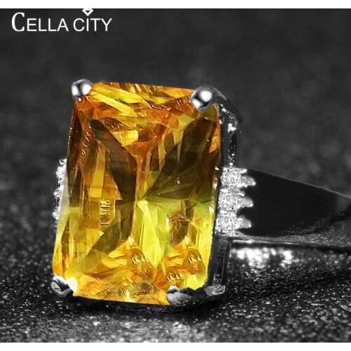 Cellacity Geometry Silver 925 Jewelry Ring for Women Rectangle Large Yellow Gemstones Female Banquet Party Accessory Size6-10