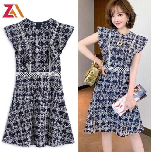 ZAlady Summer Elegant Mini Dresses Womens Embroidery Ruffled Short Sleeves Vintage Hollow Out Party Dress Plus Size XL Sukienka