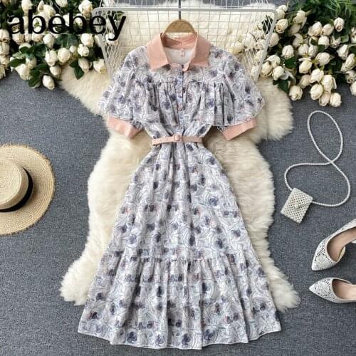 Women Bohemian Floral Dress Sweet Puff Sleeve Turn Down Collar Ruched A-line Dresses Summer Korean Holiday Print Dress