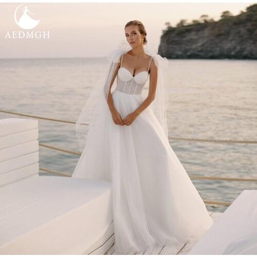 Aedmgh A-Line Fashion Wedding Dresses 2021 Sweetheart Bow Spaghetti Sraps Vestido De Novia Shiny Beaded Beach Robe De Marige