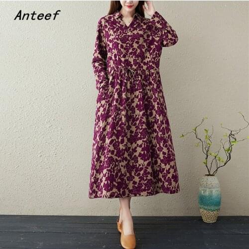 Long sleeve plus size cotton linen vintage floral dresses for women casual loose spring autumn dress elegant clothing 2021
