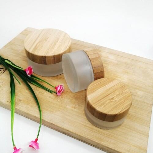 5pcs 30g 50g 100g frosted glass cream jar wooden bamboo cap lid cosmetic packaging container