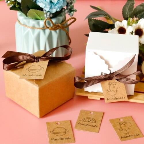 50sets Retro Kraft Gift Box Wedding Party DIY Handmade Cookie Candy Boxes Favor Bag Present Packaging Box with Ribbons Tags