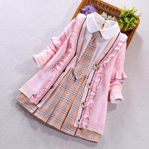 Preppy Style Kids Girl Clothes 2 Piece Set Pink Knitted Long Cardigan Sweater Spring Autumn Princess Plaid Dress for Child Girls