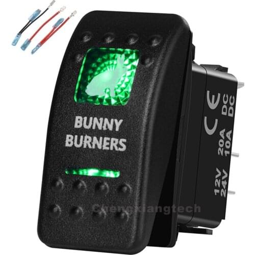 Green Led Printed Rocker Switch Bunny Burners 5P on-off SPST 12V/20A 24V/10A+Jumper Wires Set for Car Boat Trucks Waterproof