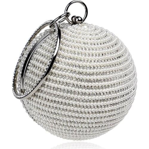 2018 New Fashion Women Pearl Beaded Diamond Tellurion Evening Bag Bridal Wedding Round Ball Wrist Bag Clutch Purse Handbag