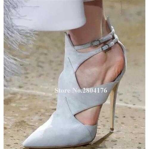 New Design Women Pointed Toe Suede Leather Stiletto Heel Gladiator Pumps Cut-out Beige High Heels Club Dress Shoes