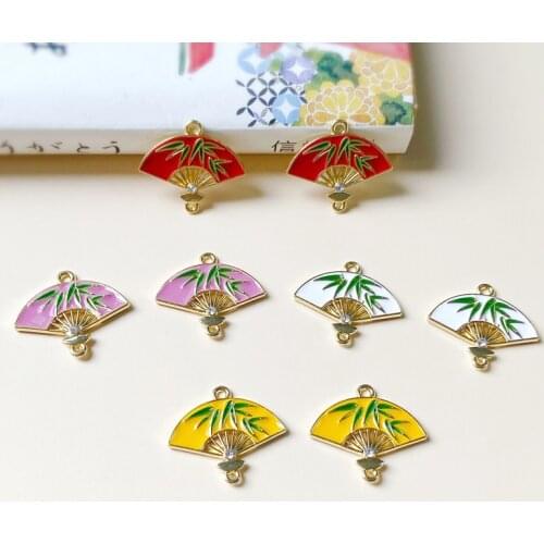 New style 40pcs/lot alloy drop oil Bamboo leaves pattern cartoo fan shape floating locket charms diy jewelry accessory