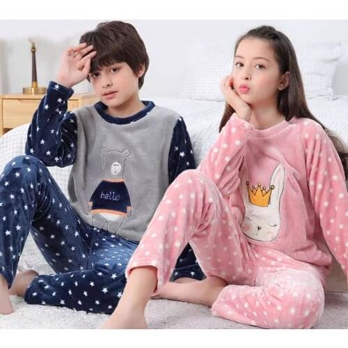Teenages Clothes Pajamas Sets Girls Pajamas Children Warm Flannel Fleece Cartoon Kids Sleepwear Winter Boys Home Suit Nightwear