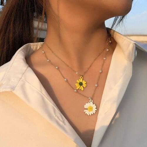 Find Me New Daisy Imitation Pearl Double Pendant Necklace For Women Fashion Jewelry Accessories