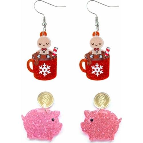 Christmas Gingerbread Hot Chocolate Red Cup Pink Glitter Pig Money Jar Acrylic Piggy bank Earrings Creative Holiday Girls Gift