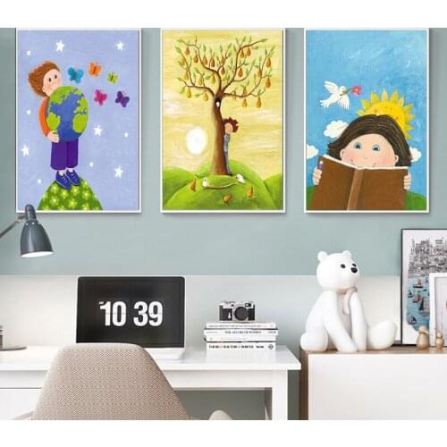 Nordic Spray Colo Cartoon Mermaid Teer Canvas Painting Rain Umbrella Girl Poster Mom and Boy Wall Picture Kid Nursery Room Decor