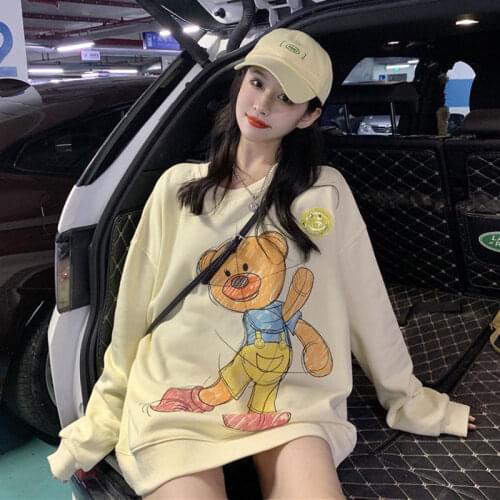 Cute Thin Hoodie Girl Japan Funny Bear Print Tops Autumn Fashion White Women Casual High Street Harajuku Gothic Sweatshirt