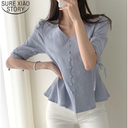 Korean Chic Shirt Women Round Button Up Shirts Casual Tops Simple Temperament V Collar O-neck Summer Half Sleeve Blouse 14308
