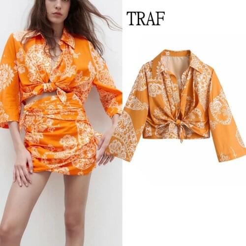 TRAF Za 2021 Short Women Blouse Top Summer Print Bowknot Buttons Long Sleeve Shirt Women Clothing Vintage Top Female Shirt Chic