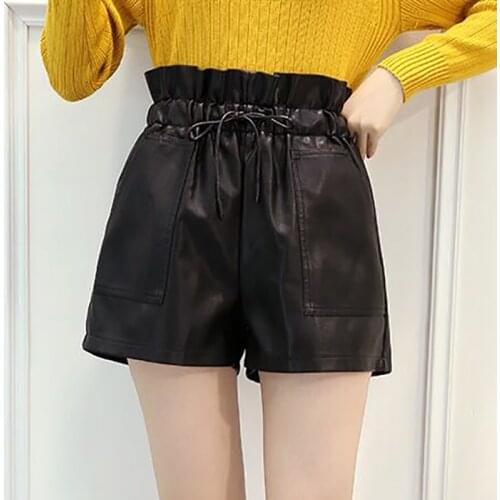 Pu Leather Shorts Women High Waist Tether New Flower Bud Wide Leg Leather Shorts Autumn Winter Korean Loose Street Womens Shorts