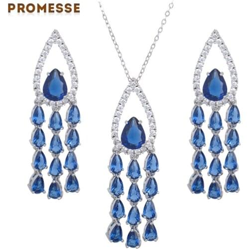 Womans Brand Exquisite Charm Waterdrop Cubic Zirconia Long Bule Crystal Pendant Jewelry Sets Engagement Gift GLTD0834