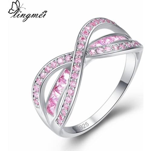 Lingmei Wedding Band Cross Fashion Round Cut Pink & Red Zircon Silver Color Ring Size 6 7 8 9 For Jewelry Gifts Elegant Ring